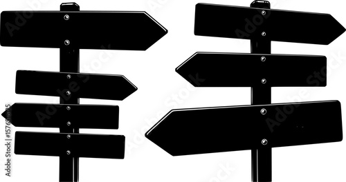 set of direction arrow wooden road sign board silhouette, black and white silhouette, vector and illustration
