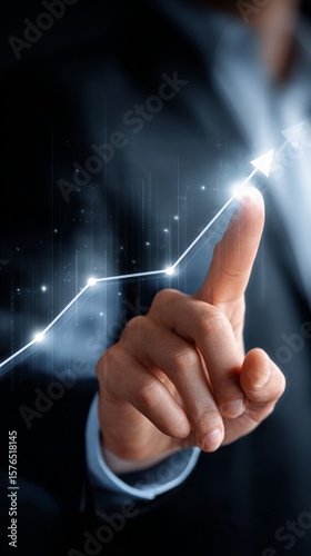 Business Professional Pointing at Upward Growth Trend in Financial Data Prese...