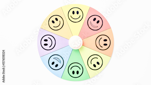 Pastel emotion wheel with cartoon faces on white expressions