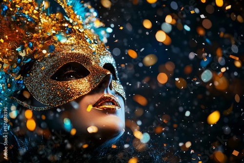 Sparkling Masquerade Mask Glimmers as Confetti Falls During a Vibrant Celebra...