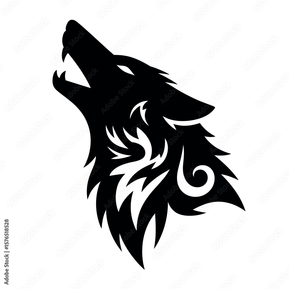 Fototapeta premium Striking Black Silhouette of a Howling Wolf Head with Tribal Elements on a Clean White Background for Versatile Design Applications