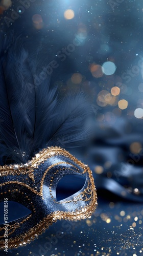 Elegant Blue Masquerade Mask With Feathers and Glitter on a Festive Background