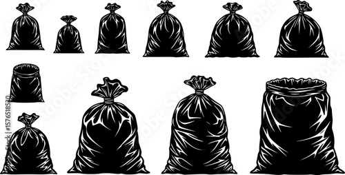 set of trash bag silhouette, black and white silhouette, vector and illustration
