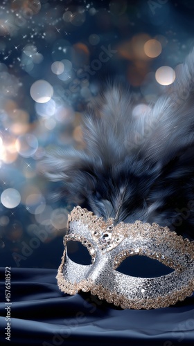 Elegant Blue Masquerade Mask With Feathers and Glitter on a Festive Background