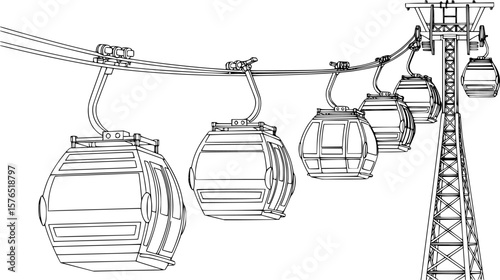 set of cable car line art, black outline, vector and illustration, coloring book page line art drawing
