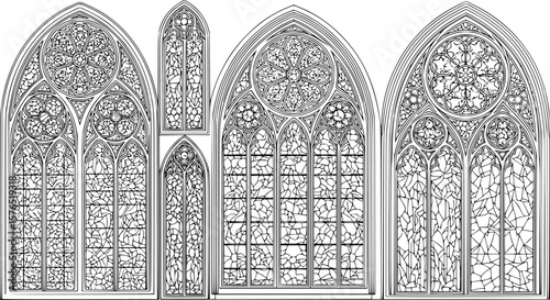 set of gothic window line art, black outline, vector and illustration, coloring book page line art drawing
