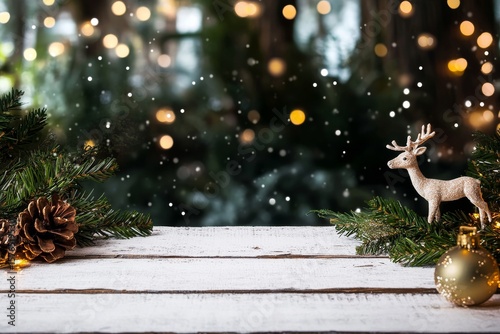 Decorative Reindeer Near Festive Tree With Blurred Lights and Snow-Covered Wo...