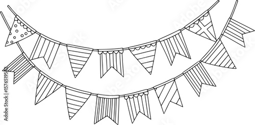 flags garland line art, black outline, vector and illustration, coloring book page line art drawing
