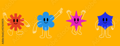 Set of funny abstract animated characters, elements for advertising, branding, posters and banners, fun cartoon illustrations with smiling characters and mascots, abstract stickers and line icons
