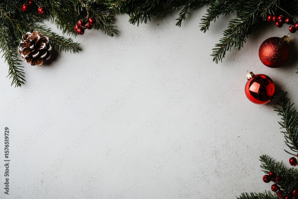 Fototapeta premium Holiday Decorations Featuring Pine Branches and Ornaments on a Light Background