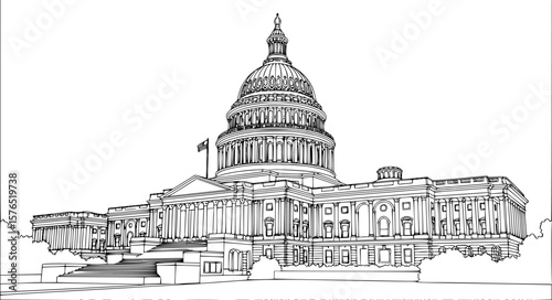 set of Washington capitol building line art, black outline, vector and illustration, coloring book page line art drawing
