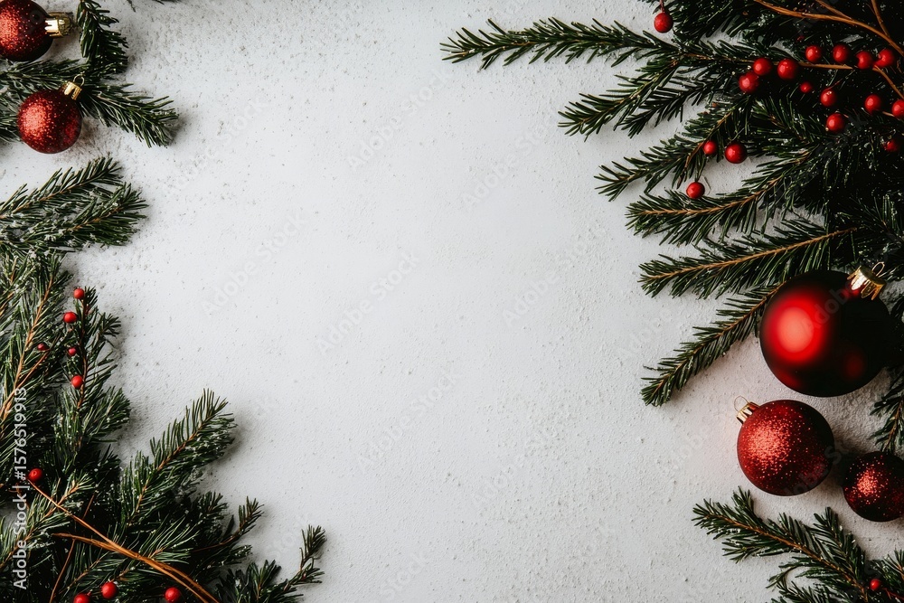 Fototapeta premium Holiday Decorations Featuring Pine Branches and Ornaments on a Light Background