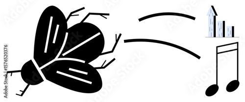 Black fly moving towards abstract icons of upward arrows and musical notes. Ideal for innovation, transformation, creativity, progress, concepts, growth, and a simple landing page
