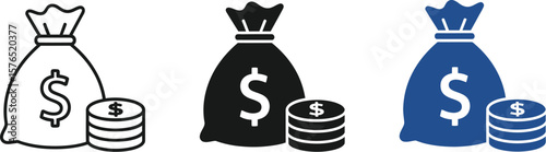 Three money bags with dollar signs and stacks of coins in different colors