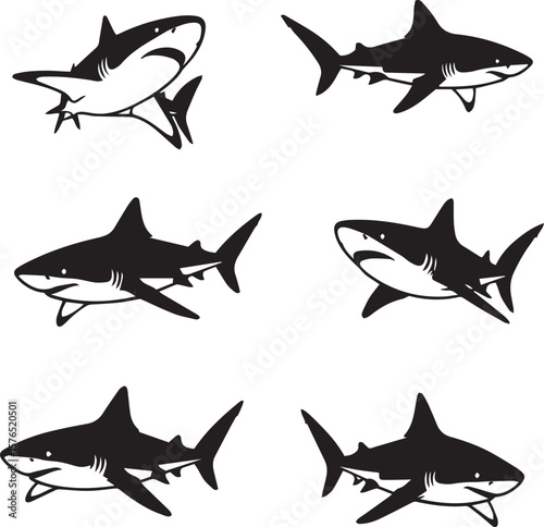 swimming shark silhouette vector, black and white shark in motion, minimalistic shark swimming illustration, shark side view silhouette, underwater predator vector art, stylized shark in motion design