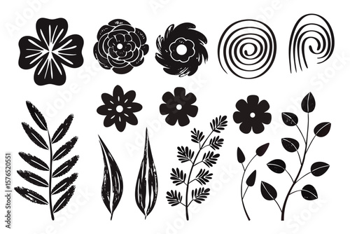 Vector floral elements black and white flower leaf design set art