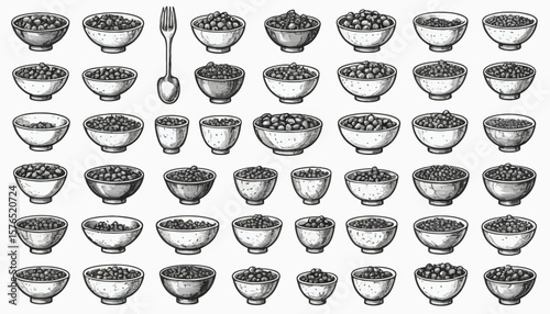 Seamless Pattern of Bowls with Cereals, Grains, Spoon and Fork Icons on Minimalist Background for Culinary and Editorial Themes