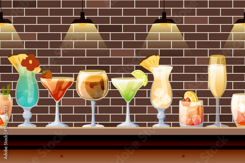 Glasses with alcoholic cocktails on bar counter. Seamless horizontal background. Vector party event illustration