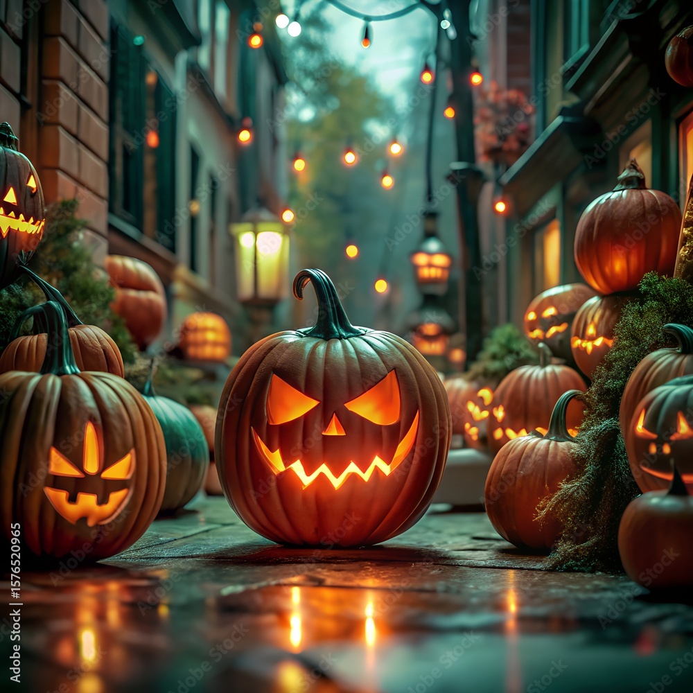 Obraz premium Carved orange pumpkins and spooky jack-o-lanterns are seasonal Halloween decorations on the street, fence, and roof