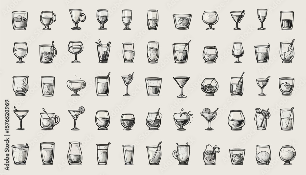 Fototapeta premium Household Kitchenware Icons Including Bottles, Glasses, and Mugs