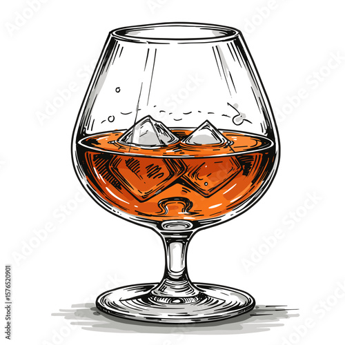 Ink Sketch of Cognac Glass – Doodle Style Beverage Illustration with Brown Cognac on White Background