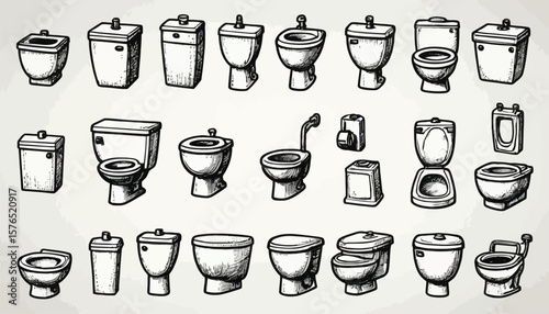 Vector Icons of Toilets and Bathroom Fixtures in Technical Line Style on White Grid
