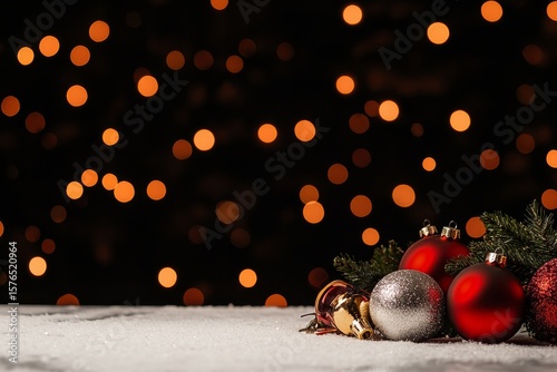 Sparkling Holiday Ornaments Resting on a Snow-Covered Surface With Blurred Li...