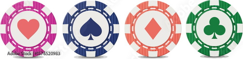 A close up view of four poker chips with different suits on a white background