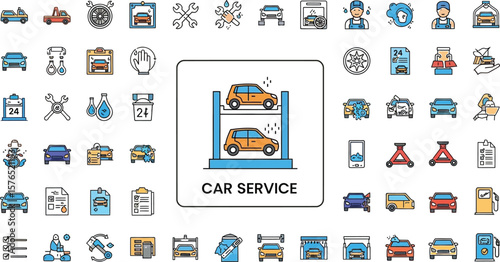Illustration of car service icons showing various automotive services and repairs