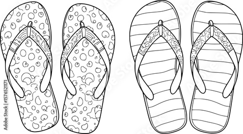 set of flip flops line art, black outline, vector and illustration, coloring book page line art drawing
