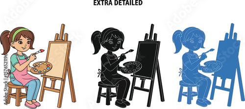 Cartoon girl painting on canvas with three color variations in the same image