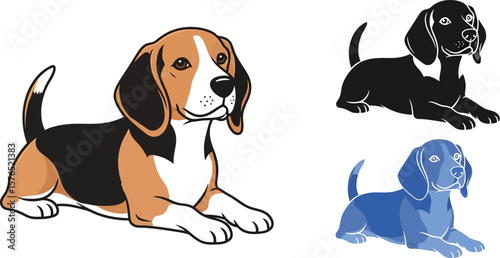 Illustrations of a beagle dog in various styles laying down on a white background