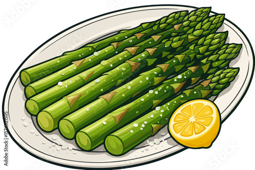 Healthy food illustration – fresh green asparagus with lemon vector