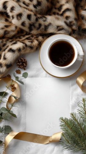 Elegant Coffee Setup With Blank Card and Decorative Elements on White Table