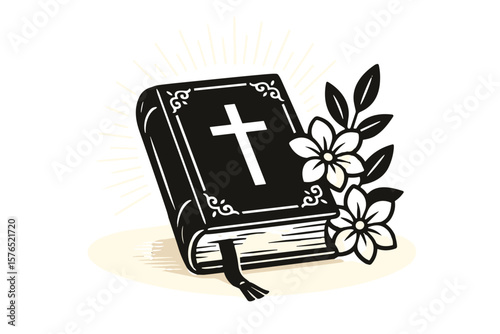 Monochrome illustration of closed Bible with cross and flowers, vintage engraving style, symbol of Christian faith, remembrance and church celebration