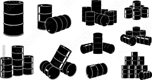set of metal oil barrel silhouette, black and white silhouette, vector and illustration
