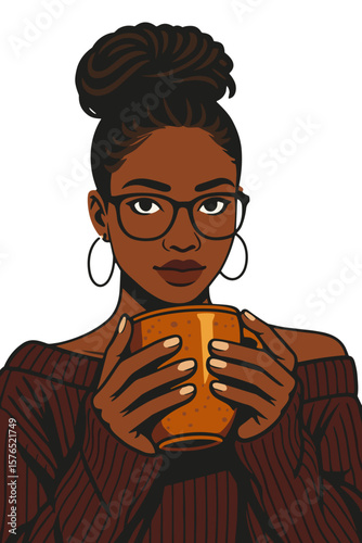 Stylish woman enjoying hot drink in autumn outfit, cozy lifestyle illustration


