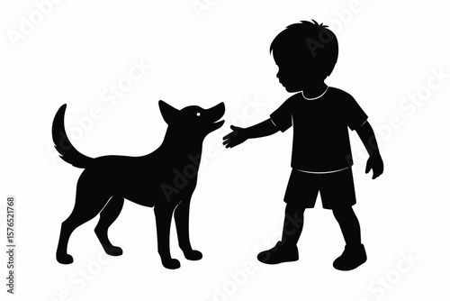 a cut boy and dog paly around silhouette 