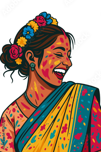 Happy Indian woman celebrating Holi in traditional colorful sari