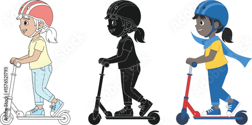 Three girls riding scooters with helmets in different styles and color schemes