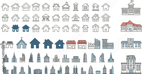 Illustration showing different types of buildings including houses and skyscrapers