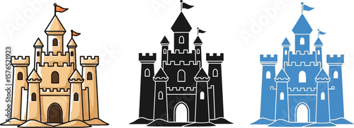 Three castle illustrations in sand black and blue on a white background view