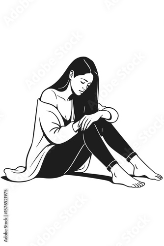 Sad woman sitting alone – emotional vector illustration of lonely girl in black and white