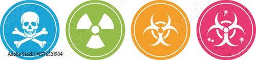 Four circular signs displaying hazard symbols including skull radiation and biohazard
