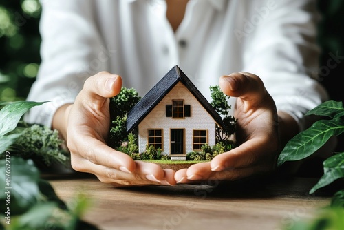 Hands Holding a Miniature House Model Surrounded by Greenery in a Cozy Indoor...