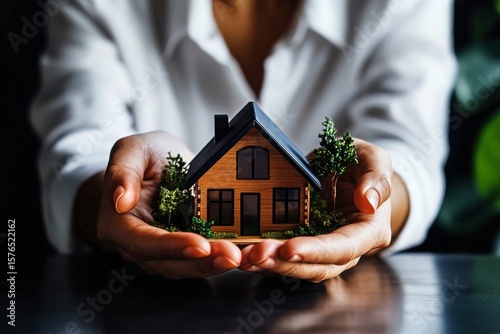 Holding a Miniature House in Hands During Indoor Setting With Light and Plant...