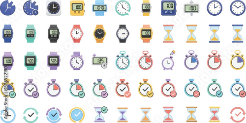 A collection of various timekeeping devices including clocks watches and hourglasses