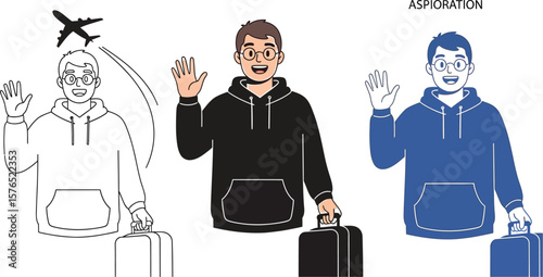 Illustration of man waving goodbye with suitcase and airplane in three versions