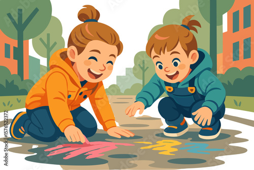 Kids drawing with chalk on asphalt – happy childhood outdoor illustration