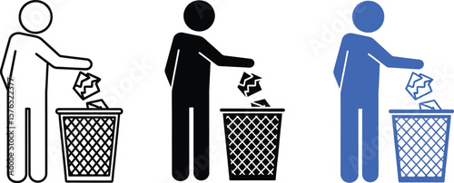 Three illustrations of a person throwing crumpled paper into a trash can icon